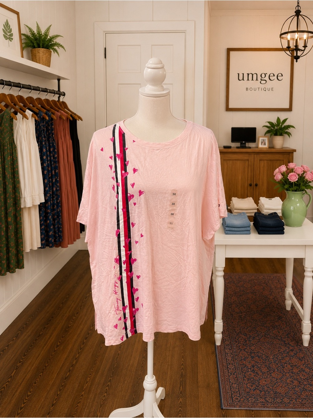 Tommy Hilfiger 3X Pink Heart Graphic Tee NWT Plus Size Cotton Modal Top